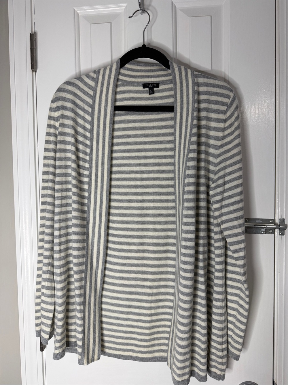 Talbots Gray and White Striped Open-Front Cardigan